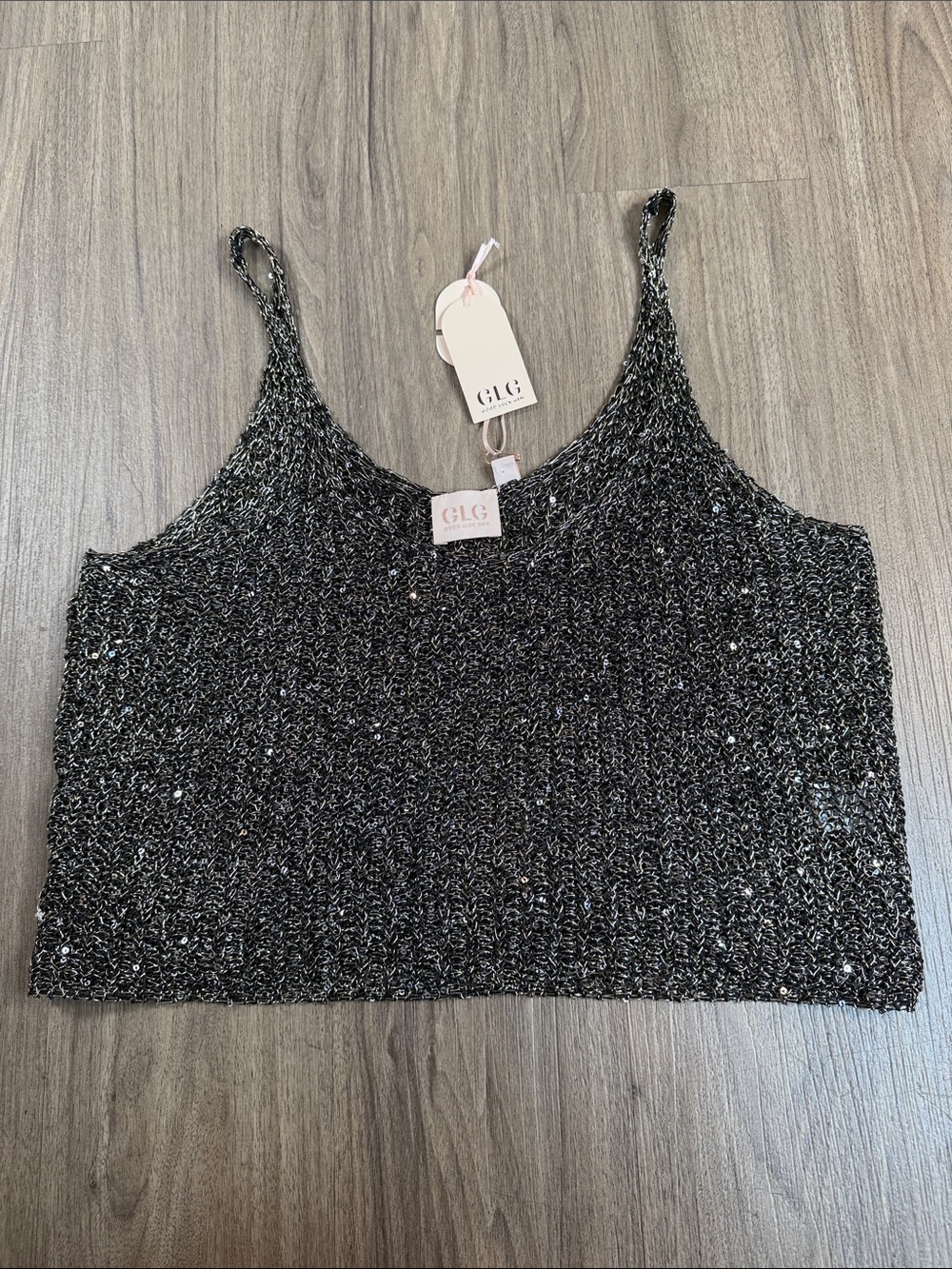GLG Metallic Sequin Black Cropped Camisole, Size M